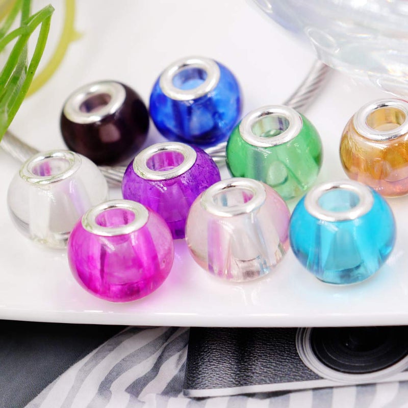 AIPRIDY 100Pcs 15x11mm Painting Murano Large Hole Glass Beads Mix Color with Silver Brass Cores European Charm fit Bracelet Necklace (Transparent Double Color Glass) - Image 3